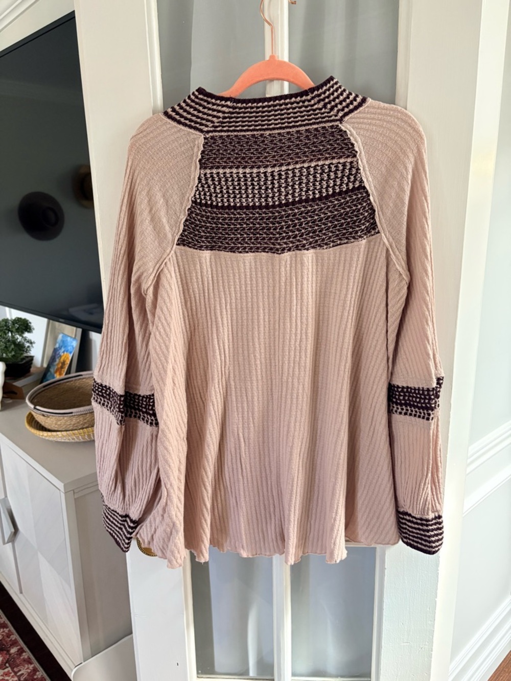 Free People Blush Pink Waffle Knit Pullover with Dark Contrast Yoke